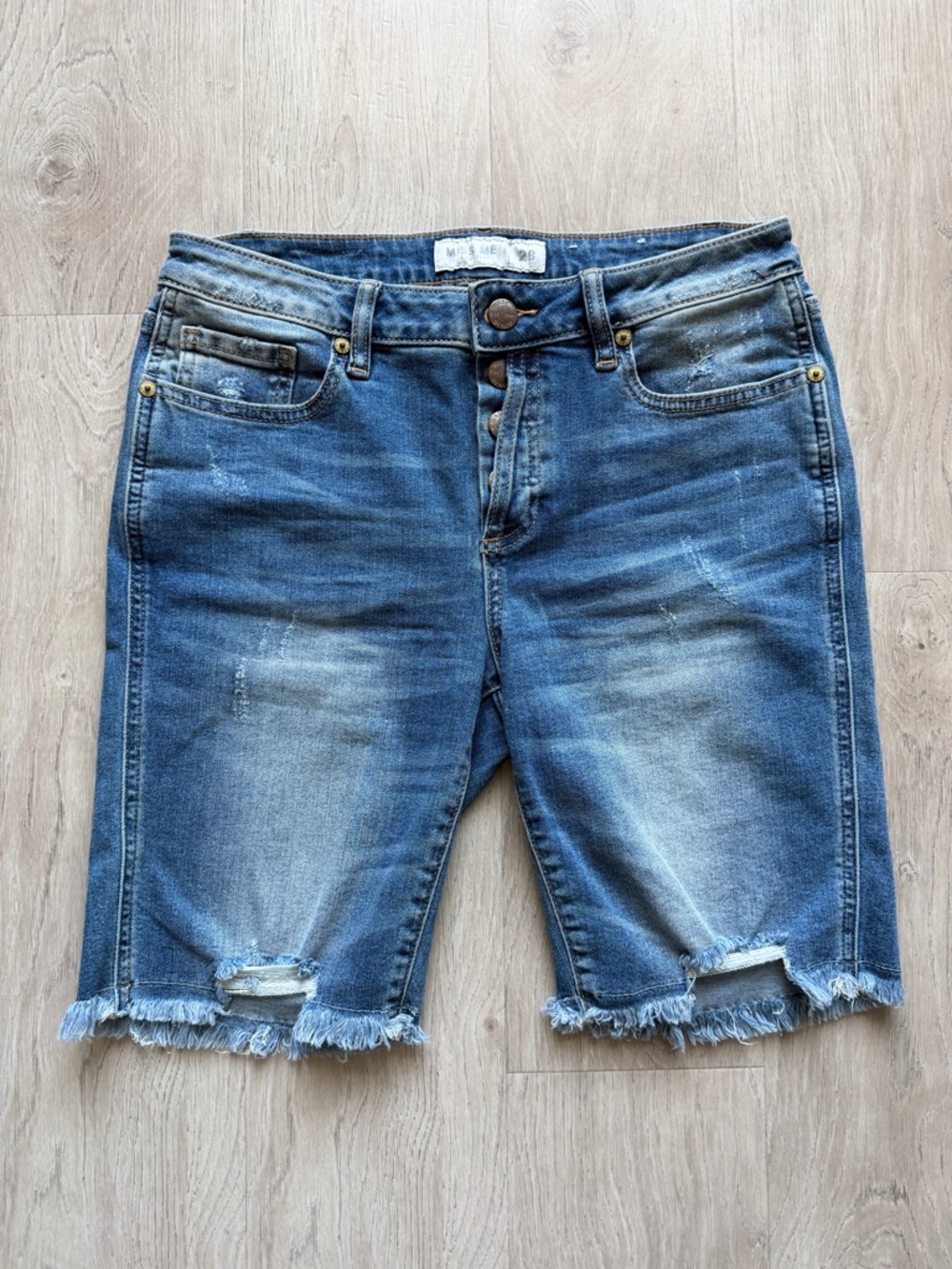 Miss Me Mid Rise Button Front Blue Jean Biker Shorts Distressed Frayed Denim